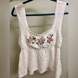 Pink Rose White Knit Tank with Pink Floral Embroidery